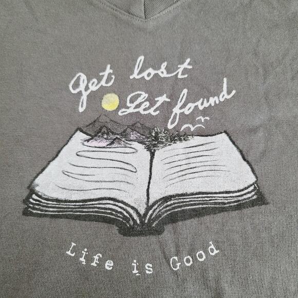 Life Is Good Shirt Womens XL Gray Crusher Tee Get Lost Get Found Book Reading - Picture 2 of 9